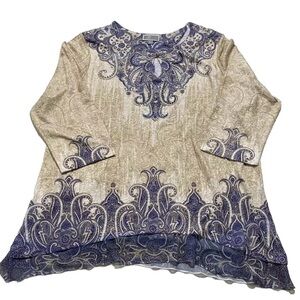 JM Collection Women’s XXL Long Tunic Top Sharkbite 3/4 Length‎ Sleeve Brown Blue